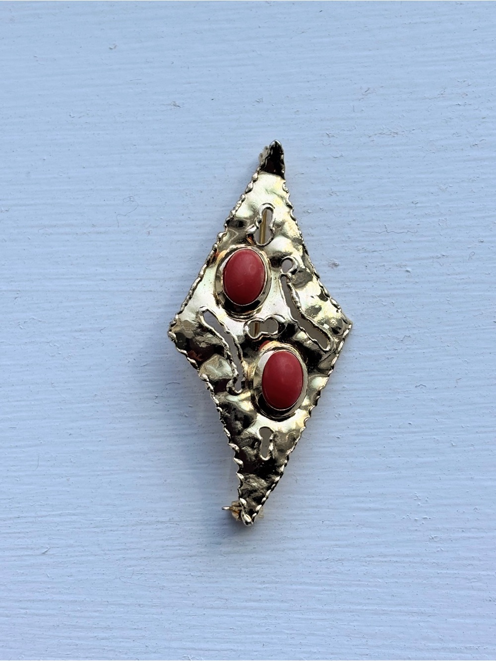 Estate Vintage Vermeil Sterling Silver Rhombus Diamond Shape Red Coral Pin